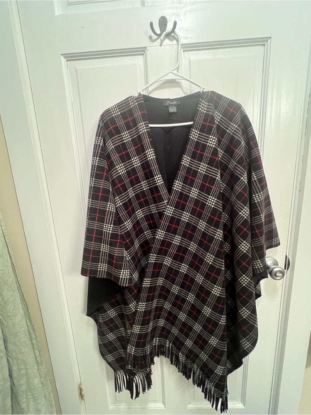Studio Black, White & Red Plaid Cape with Fringe